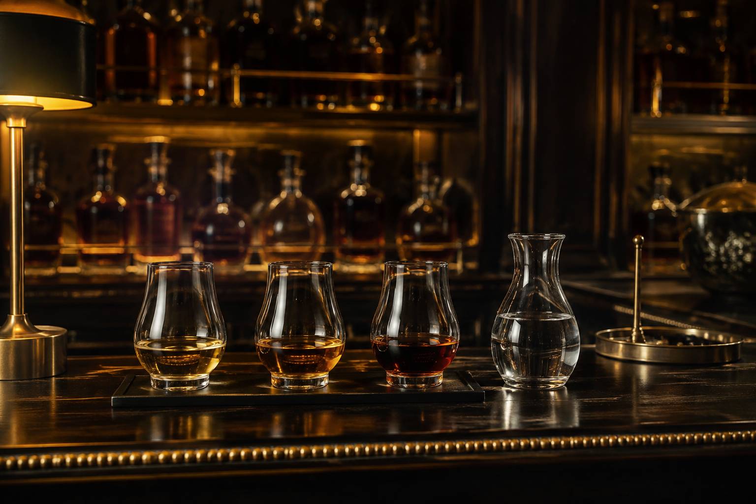 Trois verres de whisky de teintes différentes alignés sur un comptoir bois