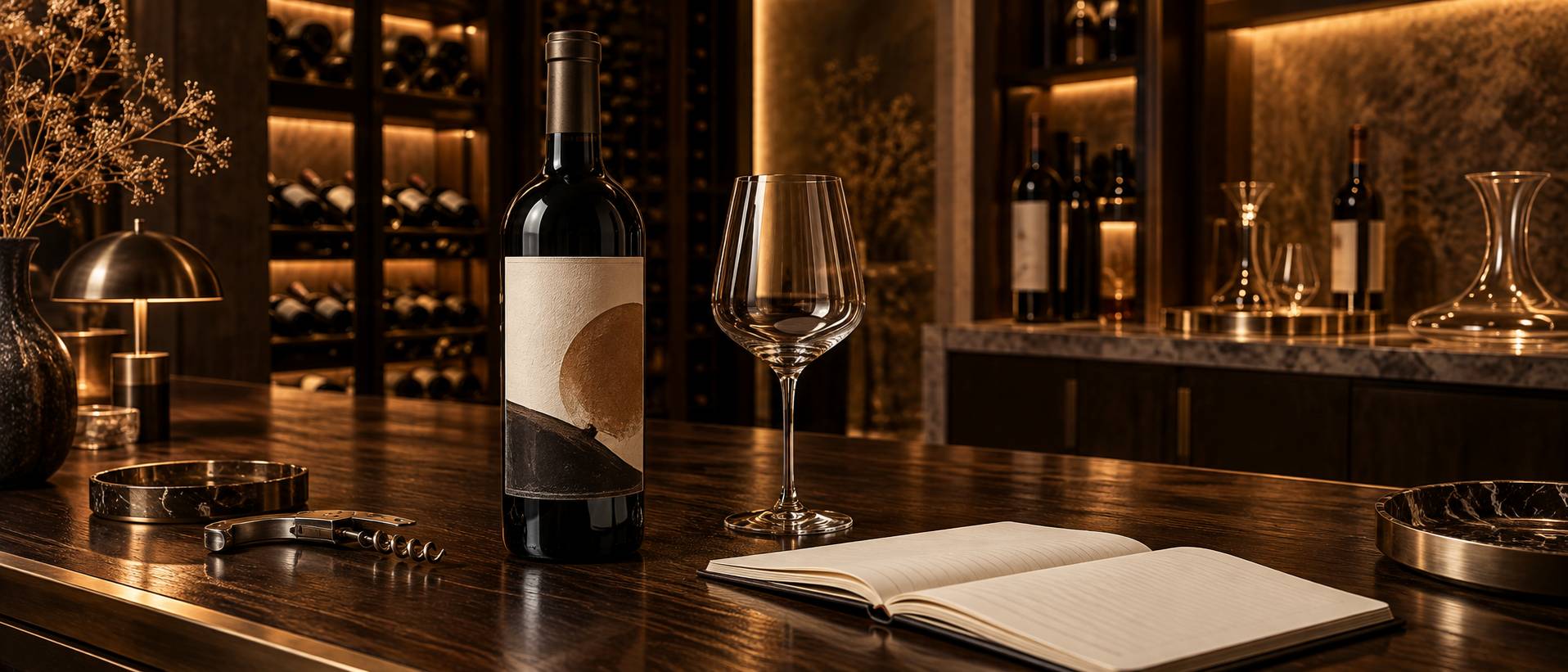 Détail d'une bouteille de vin avec un verre de dégustation et un carnet