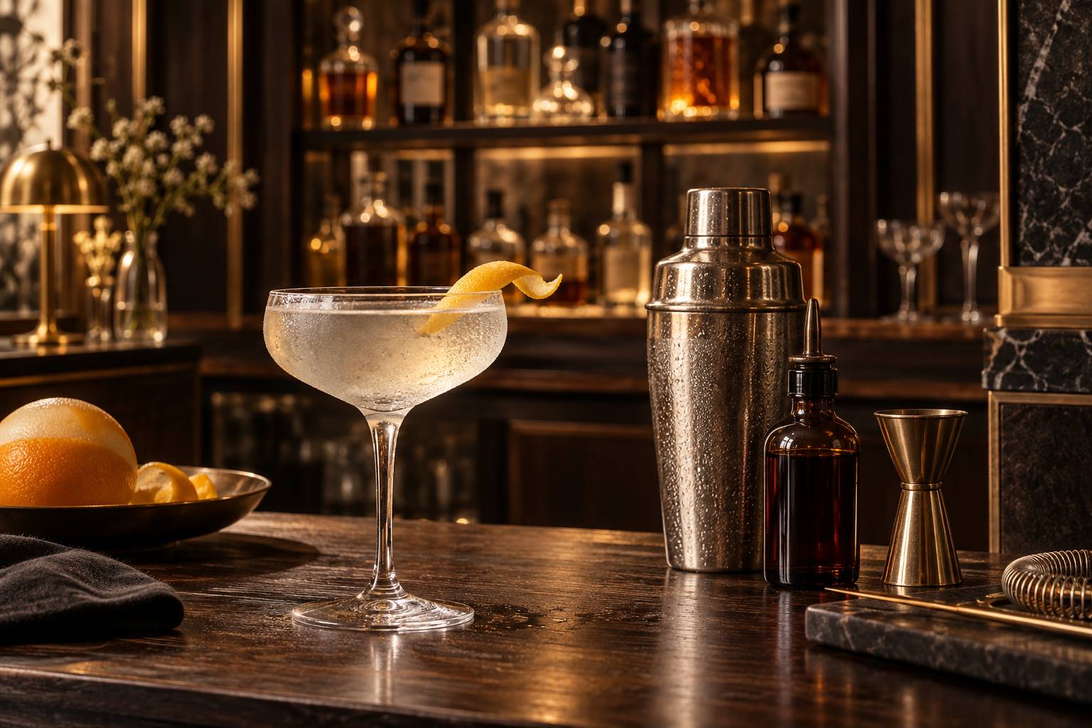 Cocktail glacé avec zeste d'agrume dans une coupe
