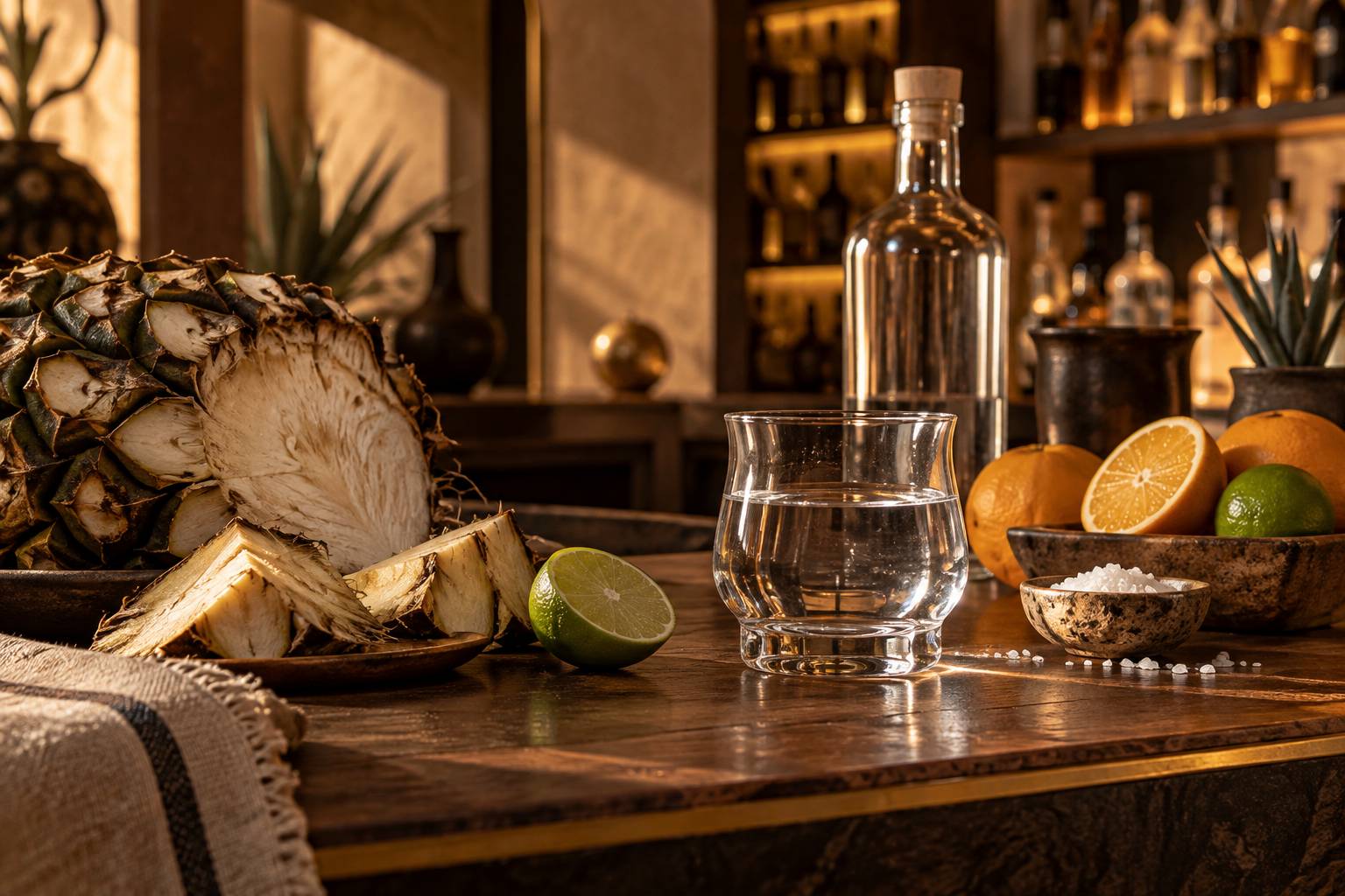 Détail d'un verre de mezcal et d'un cœur d'agave