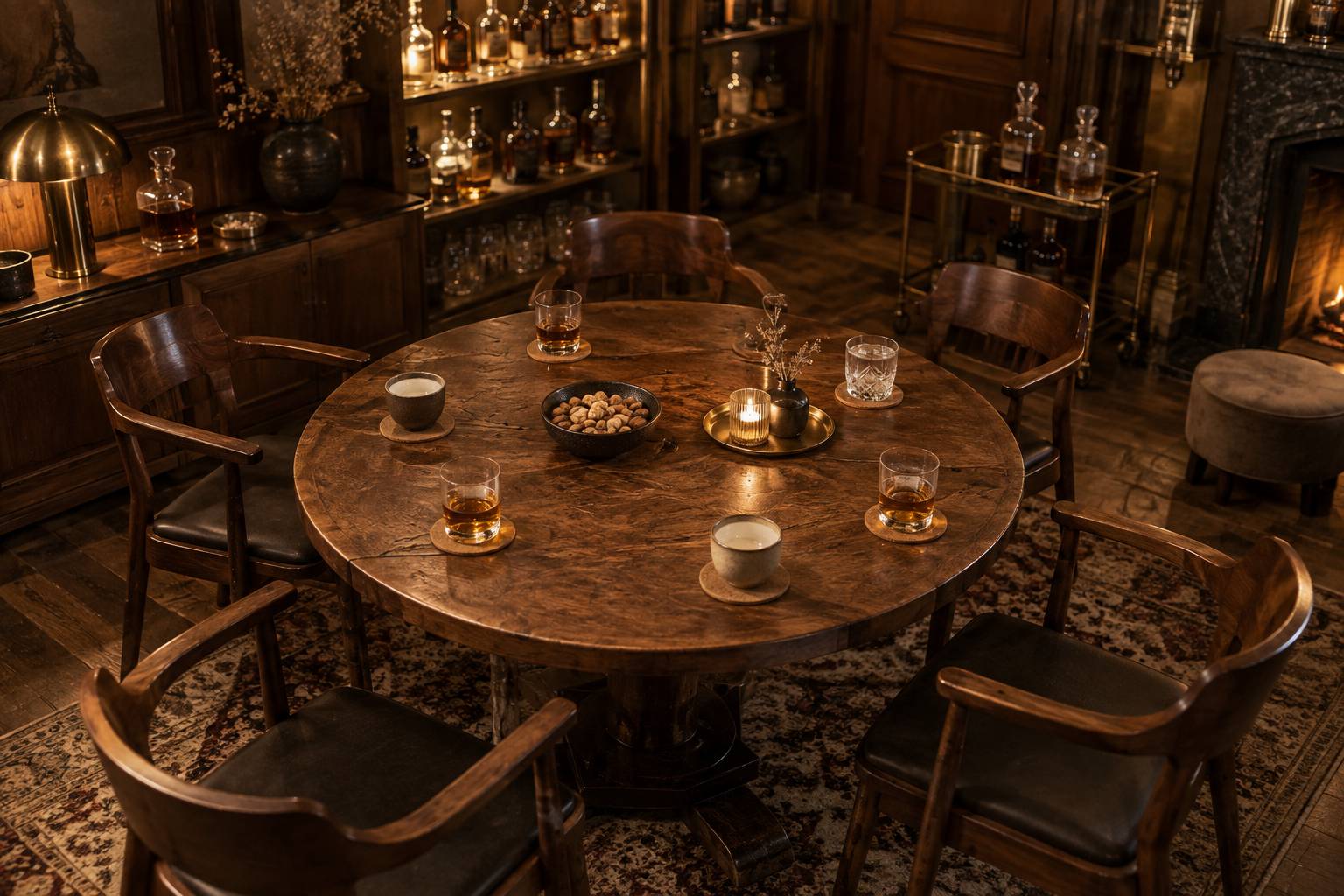 Table ronde avec tasses, verres et chaises vides