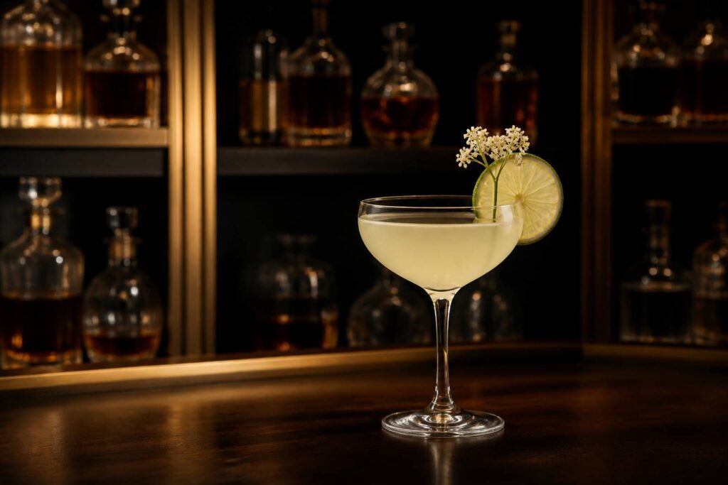Verre de French Gimlet pâle garni de citron vert sur un comptoir sombre
