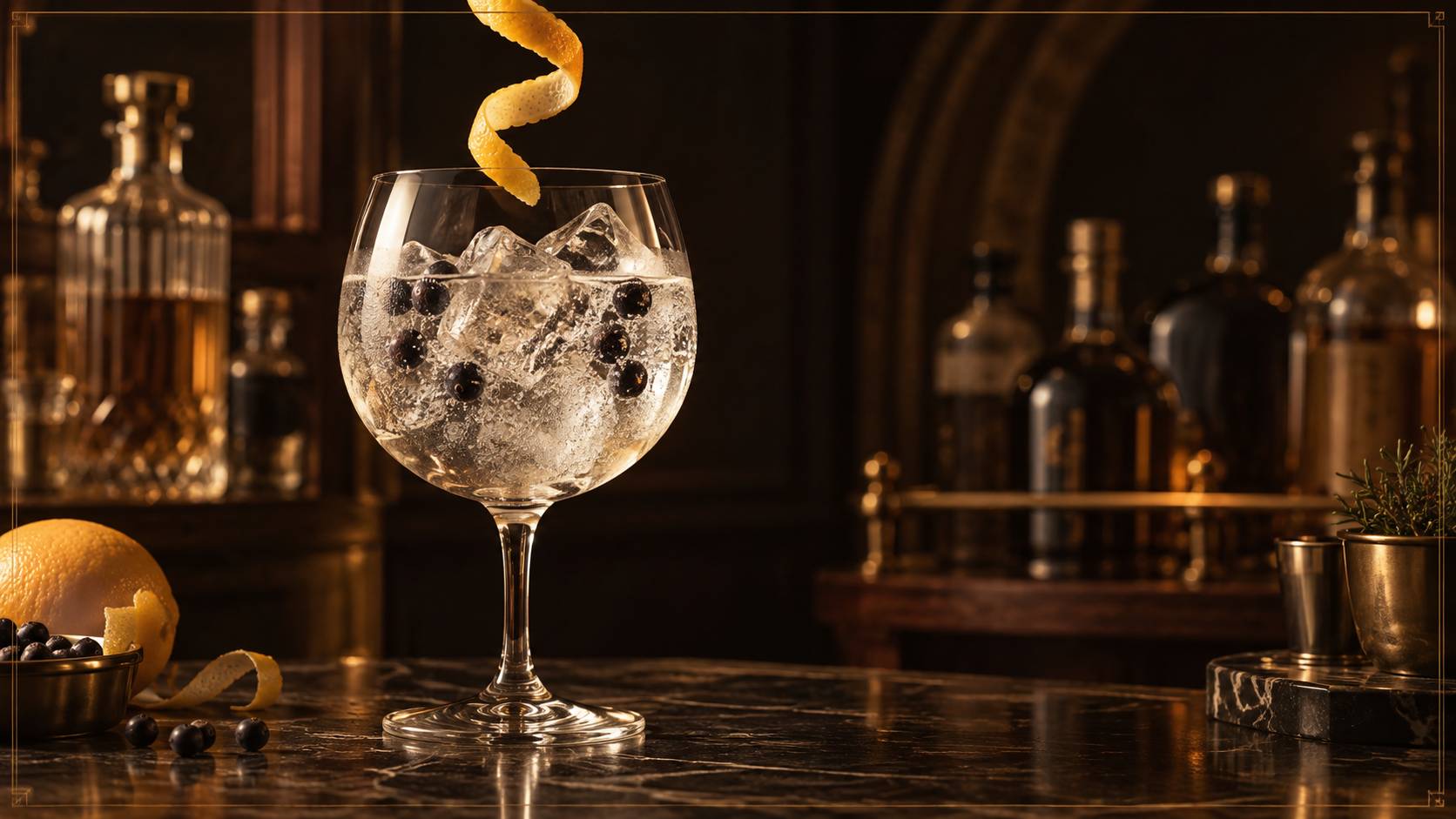 Zest d'agrume et baies de genievre au-dessus d'un verre de gin sur fond sombre