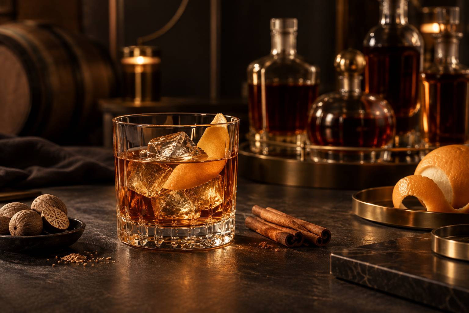 Gros plan sur un verre de rhum épicé avec cannelle et noix de muscade