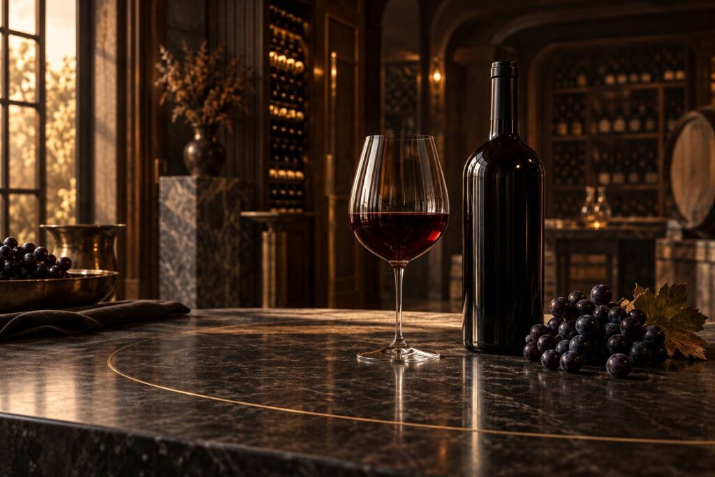 Verre de vin rouge sur une table en pierre avec grappes de raisins noirs