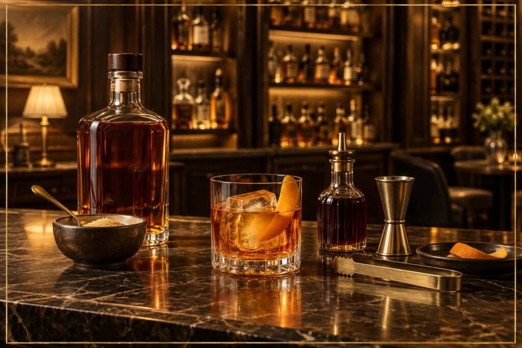 Illustration éditoriale du sujet : L'Art Intemporel du Old Fashioned : Un Cocktail Classique Revisité