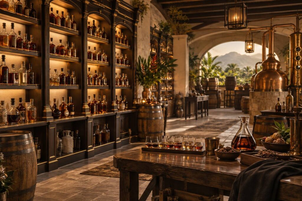 Illustration éditoriale du sujet : L'Industrie des Spiritueux de Quezalteca : Un Art Distillé avec Passion
