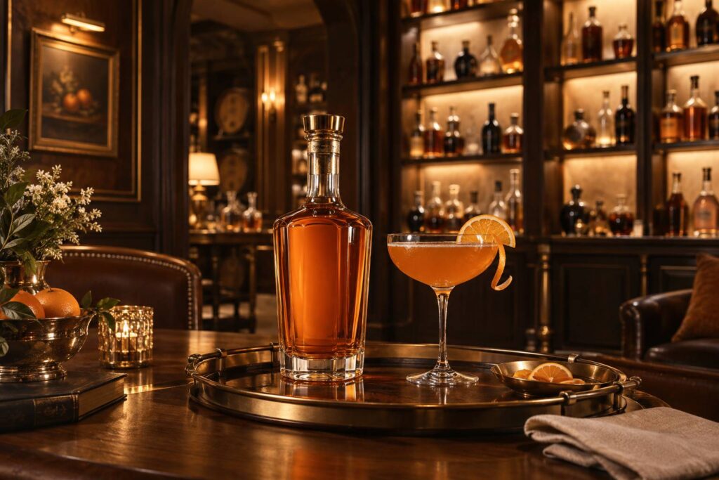 Bouteille de liqueur d'orange et verre a cocktail sur un plateau