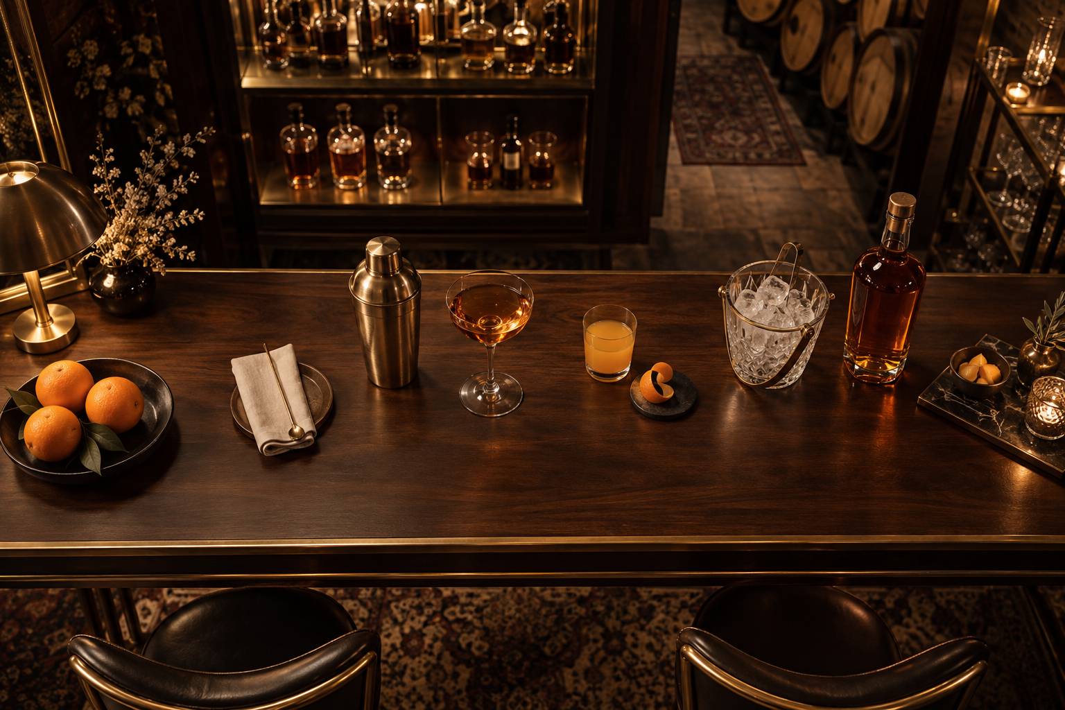 Shaker, verre et jus d'orange presse sur un plan de bar