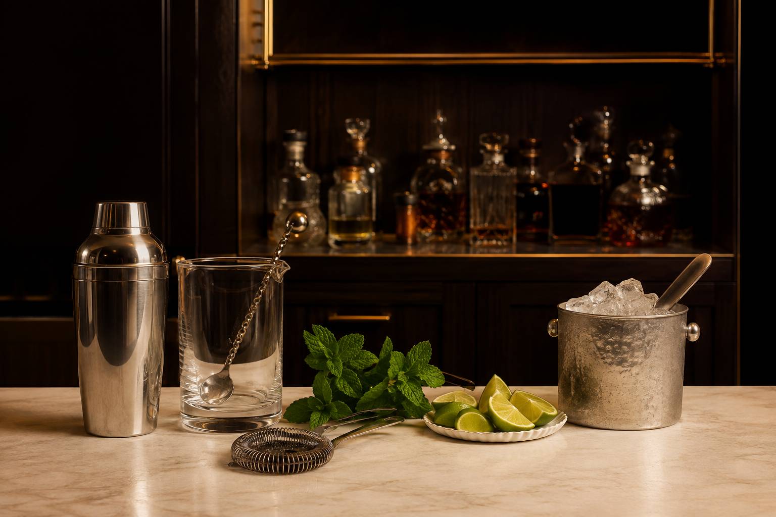 Shaker, verre mélangeur, menthe et citron vert réunis pour préparer un cocktail