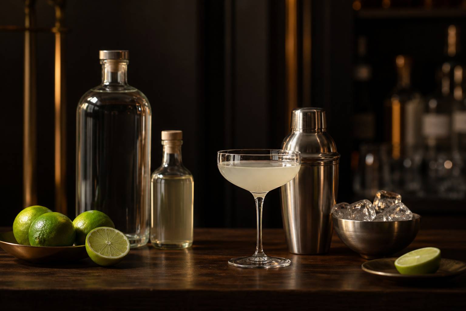 Ingrédients du French Gimlet avec gin, citrons verts et shaker en inox