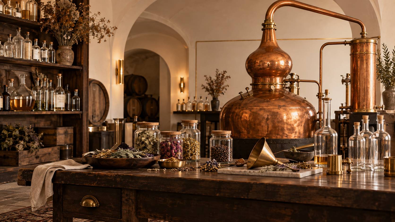 Bouteilles de liqueur artisanale aux herbes avec verres et plantes aromatiques