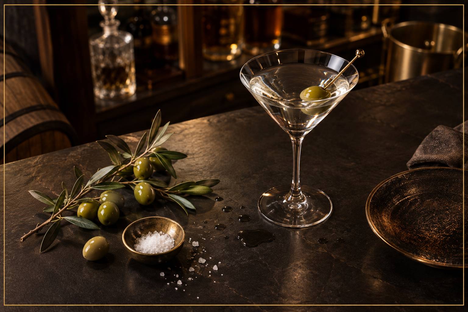 Verre a cocktail au liquide clair avec olives vertes sur fond sombre
