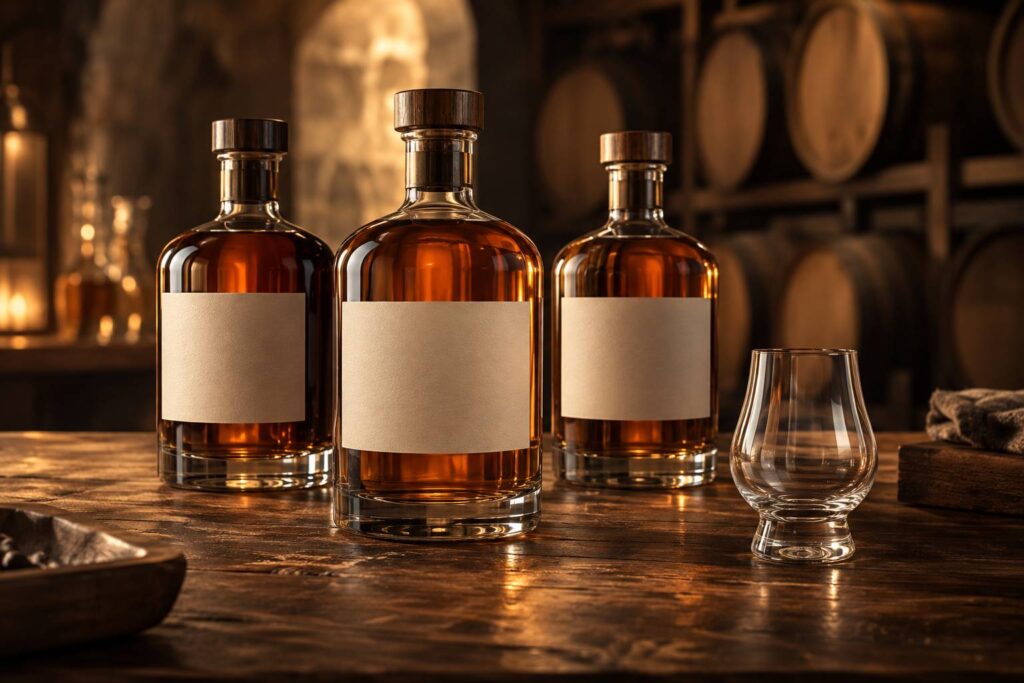 Bouteilles generiques sans etiquette et verre de degustation dans une cave