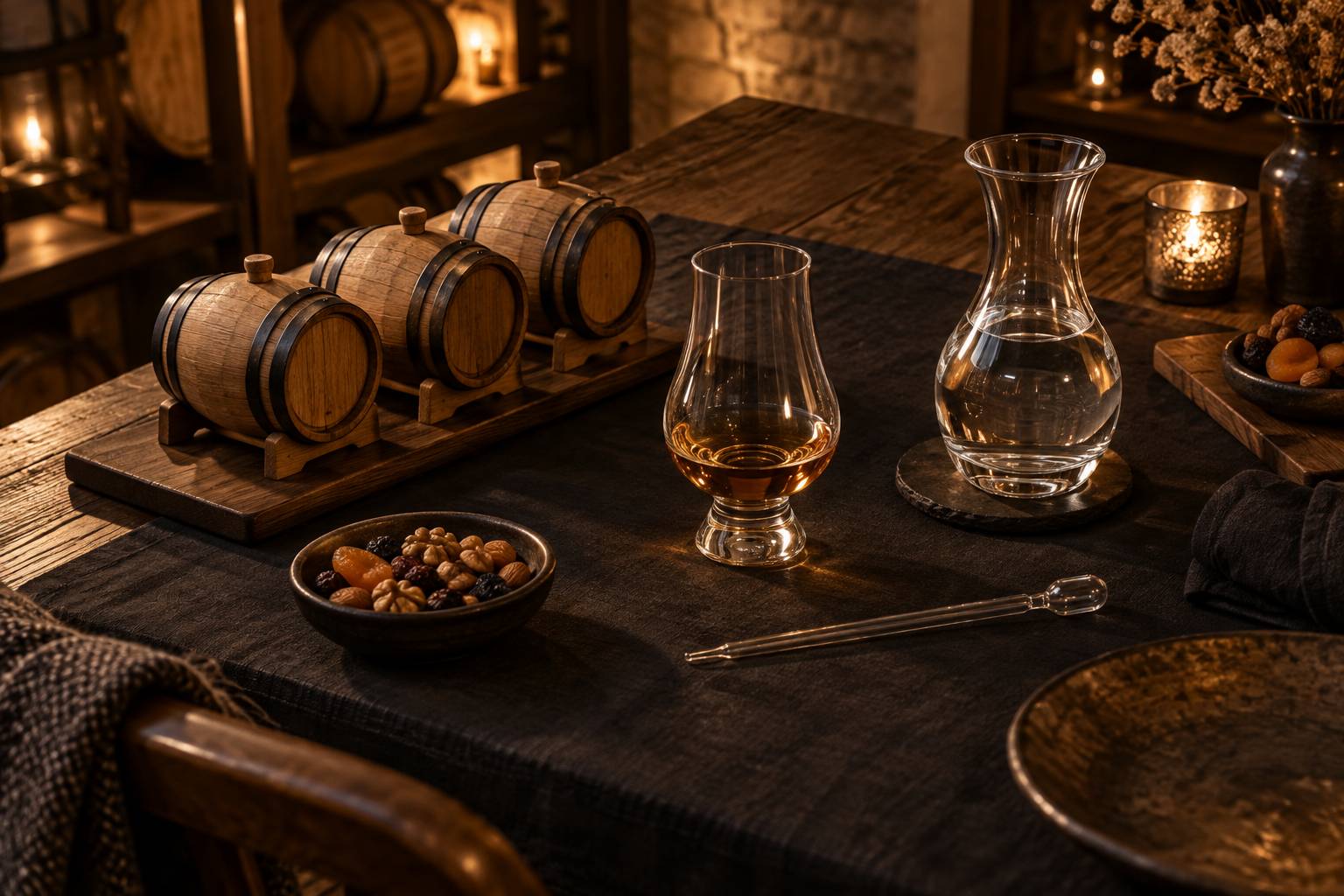 Verre de degustation ambre, carafe d'eau et futs miniatures