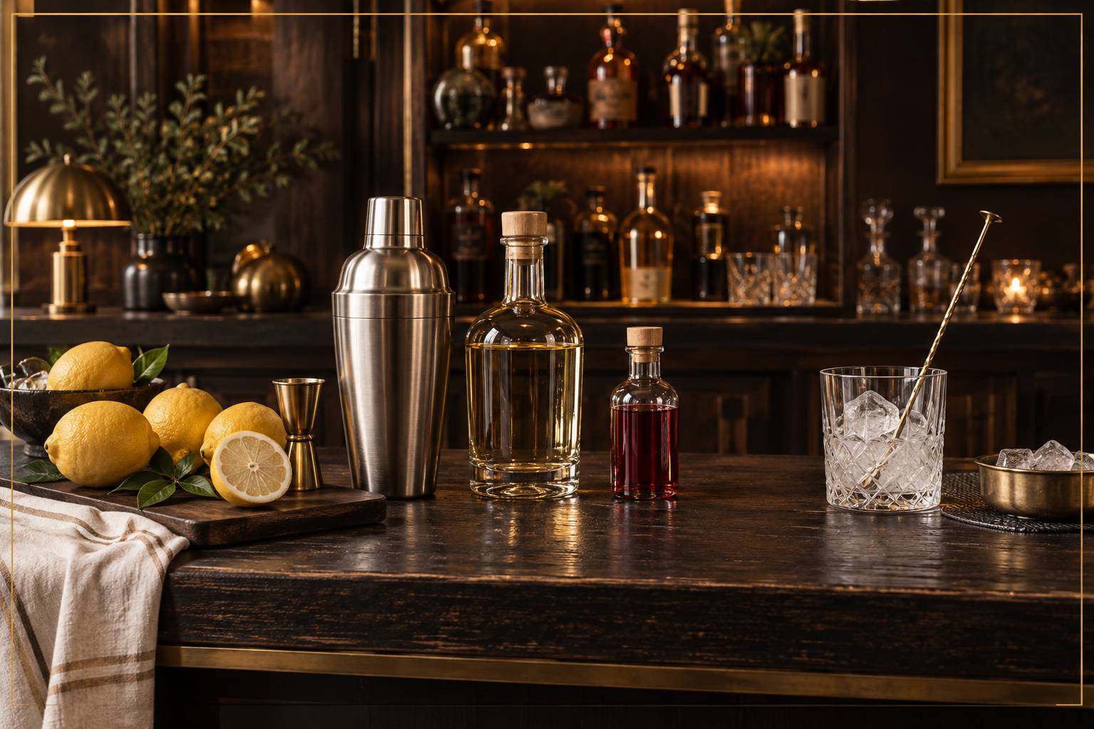 Vue large de la préparation du cocktail sur un plan de travail sombre en bois : shaker en inox, citrons frais