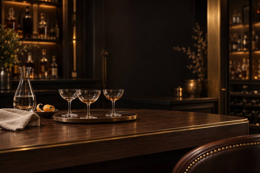 Petits verres a cocktail miniatures sur pied poses sur un plateau de bois
