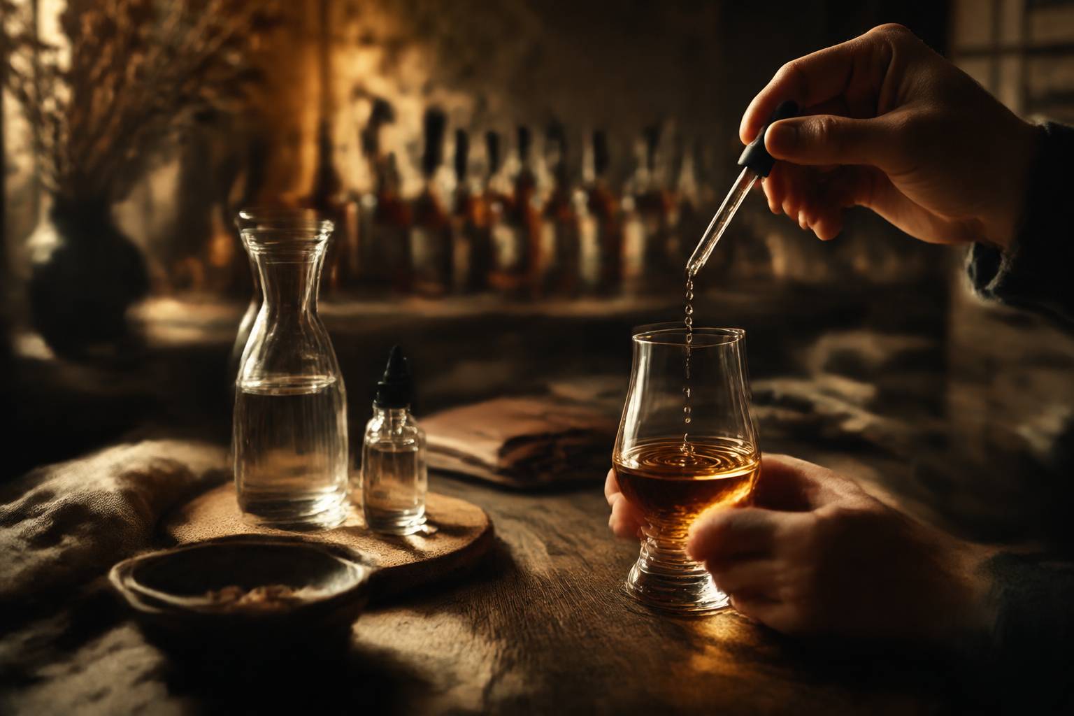 Verre tulipe de whisky ambré avec carafe d'eau lors d'une dégustation en cave