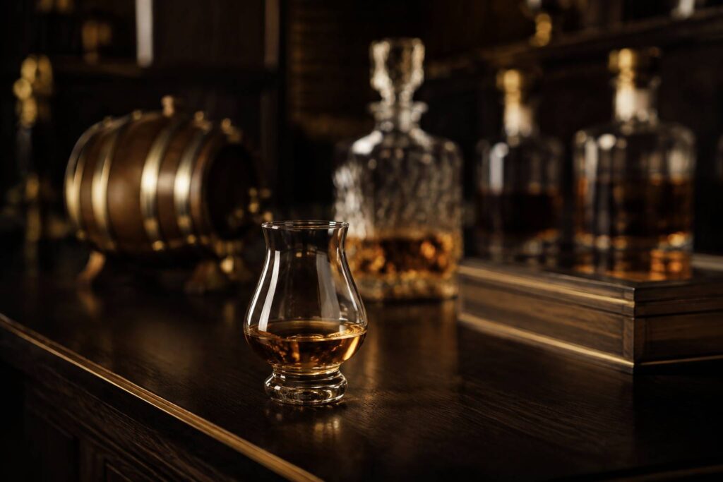 Verre de dégustation de whisky sur un comptoir en bois avec fûts en fond