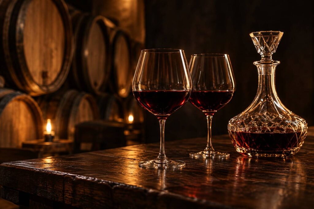 Deux verres de vin rouge et carafe dans une cave à spiritueux