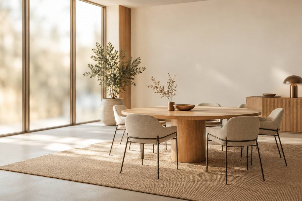 Salle de travail sobre avec table ronde en bois clair et chaises vides
