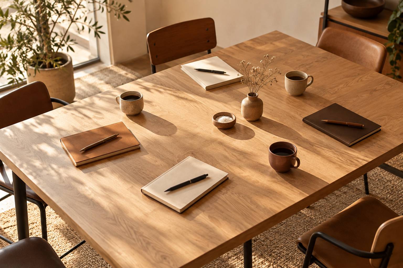 Table de discussion avec carnets fermes, stylos et tasses a cafe