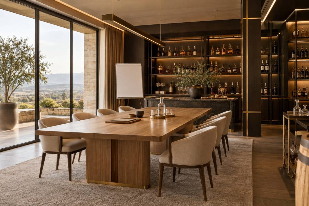 Salle de travail lumineuse avec table et paperboard vierge