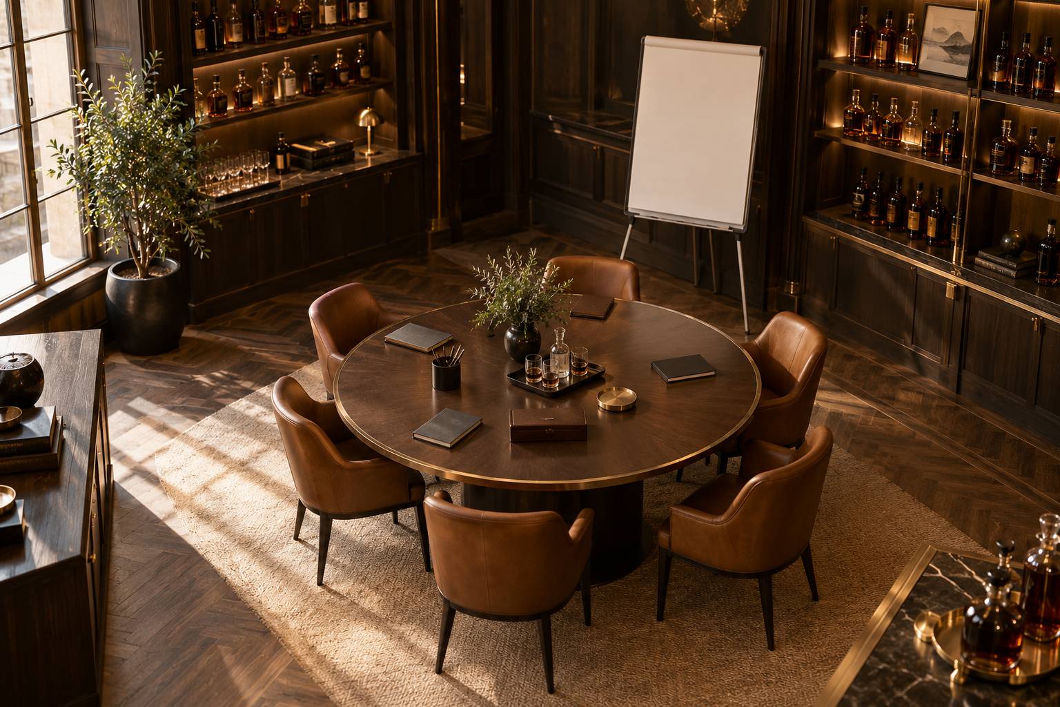 Coin de travail range avec table, notes et plante verte