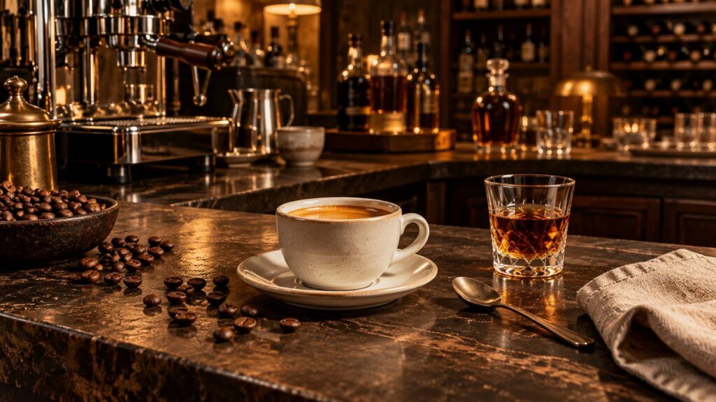 Tasse d'espresso, grains de café et verre de liqueur ambrée sur un comptoir