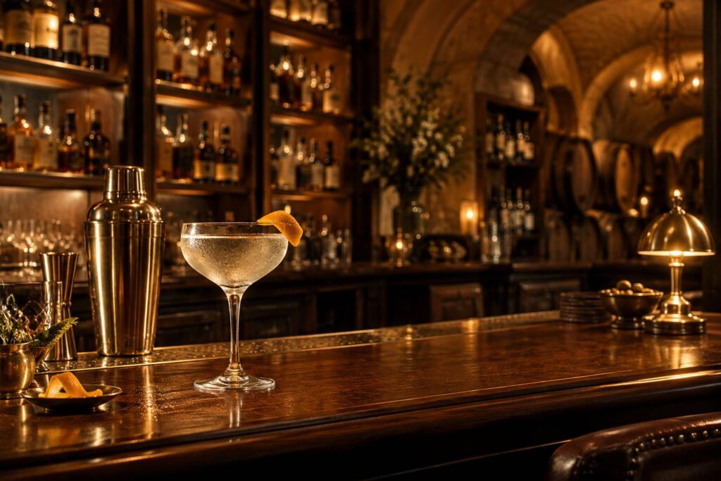 Cocktail transparent bien frais avec zeste d'orange sur un comptoir de bar