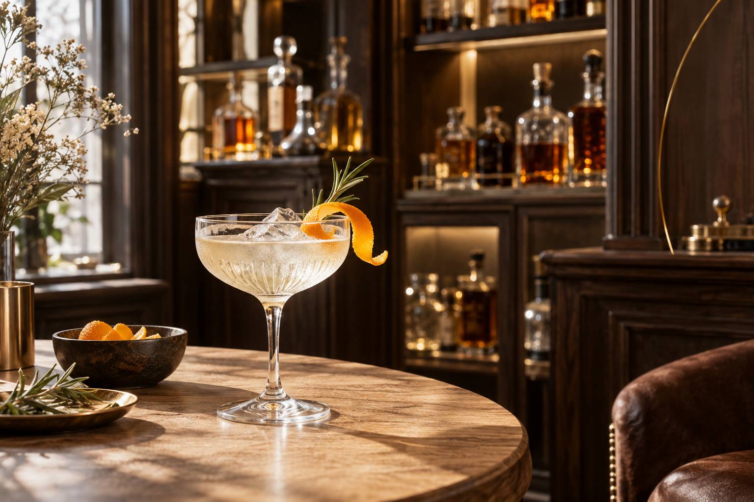 Cocktail pâle et sec dans un verre glacé décoré d'un zeste d'orange