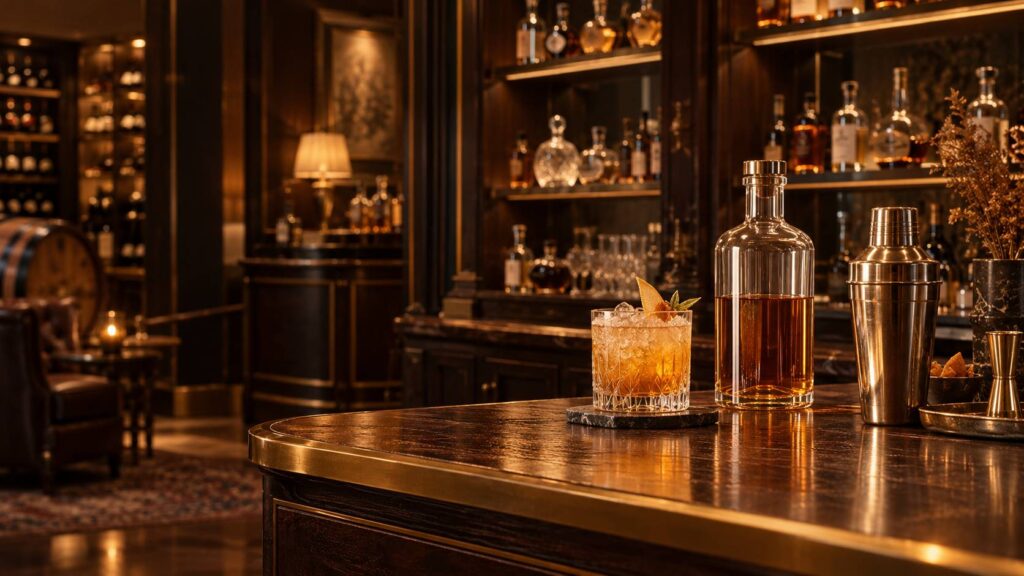 Verre a cocktail ambre et bouteille neutre sur un bar