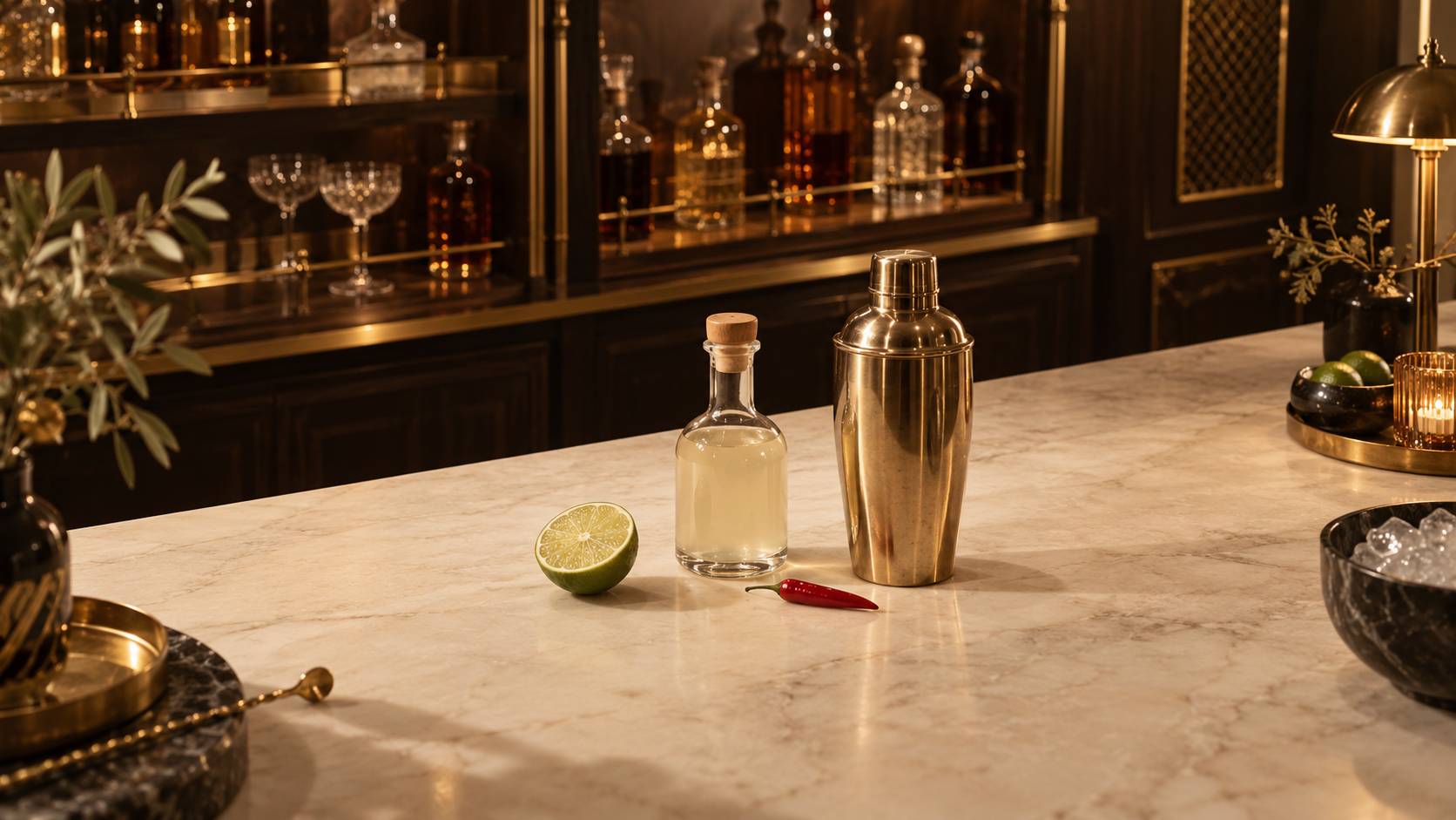 Citron vert, sirop et piment sur un comptoir de bar clair