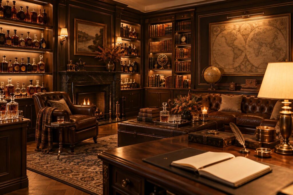 Bibliotheque chaleureuse avec livres relies, carte ancienne et globe terrestre