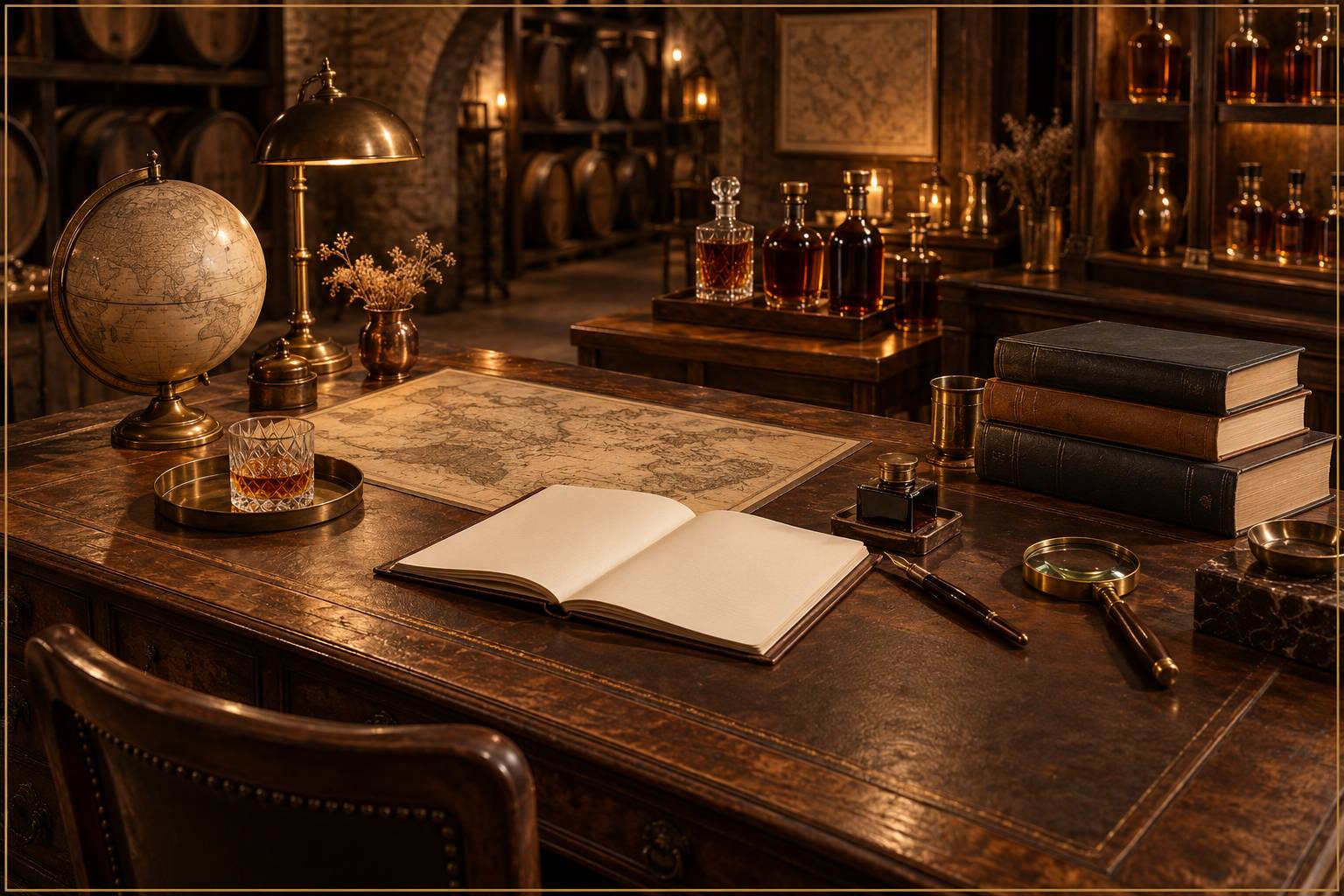 Bureau d'etude avec livres empiles, carnet, plume, encrier et loupe