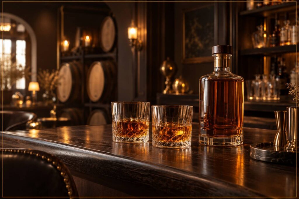 Verres de whisky ambre sur un comptoir en bois avec futs en chene