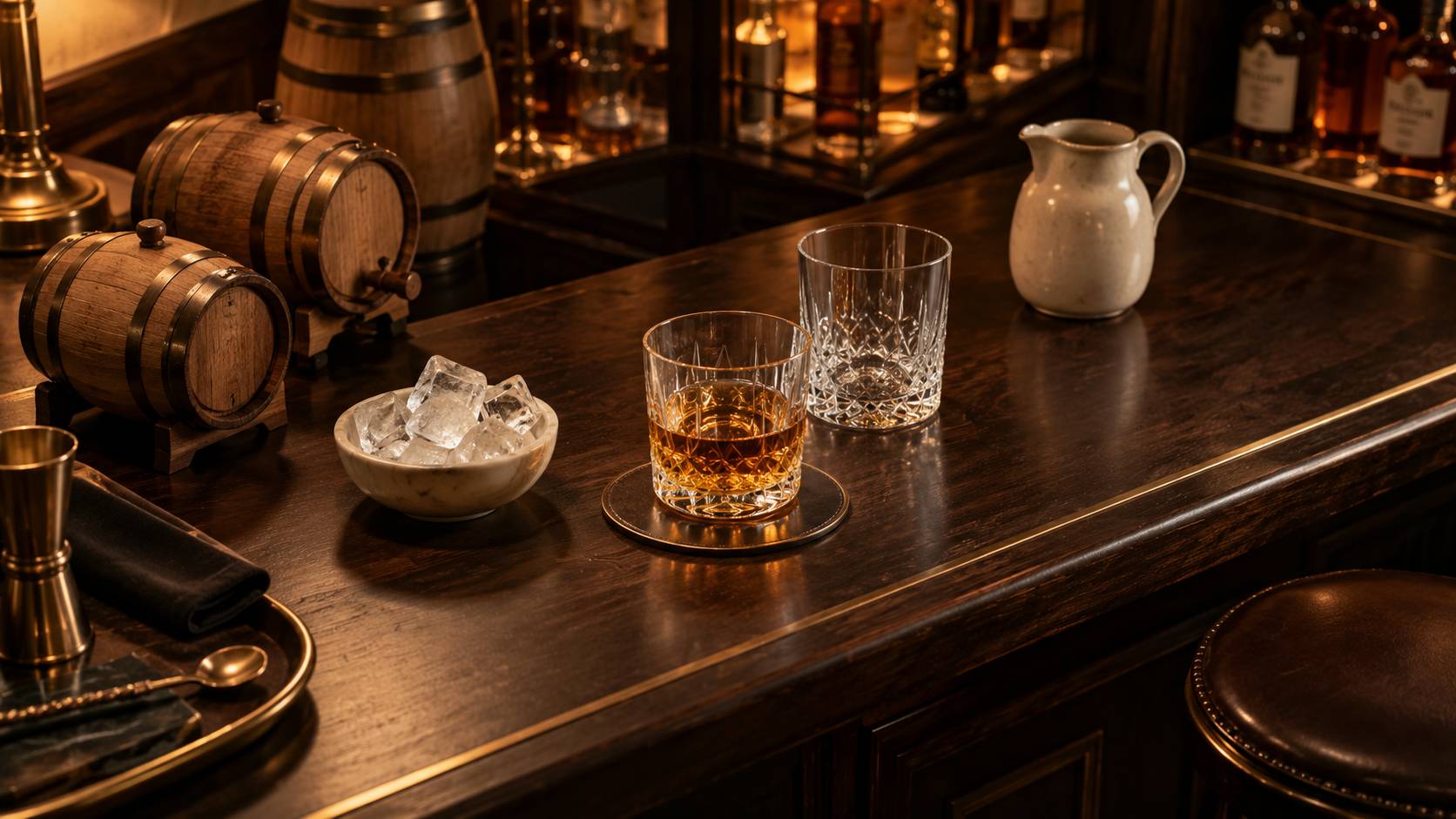 Verre de whisky ambre et coupelle de glacons sur un comptoir sombre